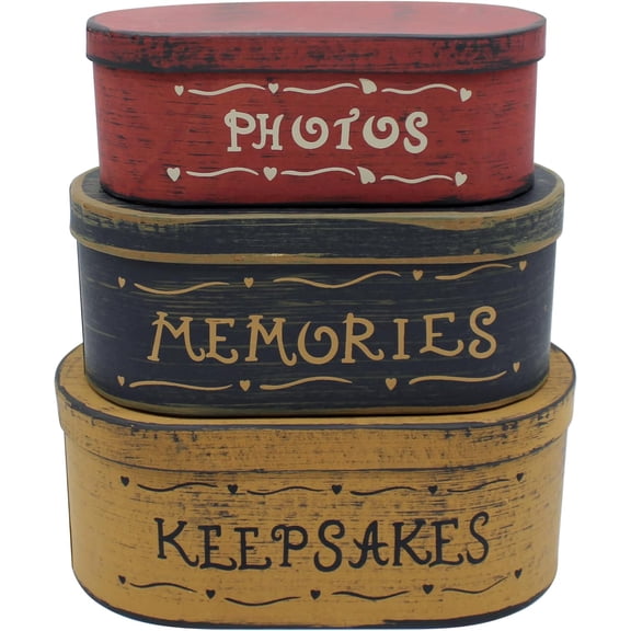 Primitives Antique Oval Photos, Memories, Keepsakes Cardboard Nesting Boxes, Large 9-3/4 x 5-1/2 x 4 Inch, Set of 3.