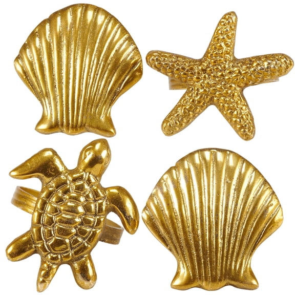 Primitives By Kathy Beach Napkin Rings Gold Color Shell, Starfish, Turtle Set of 4