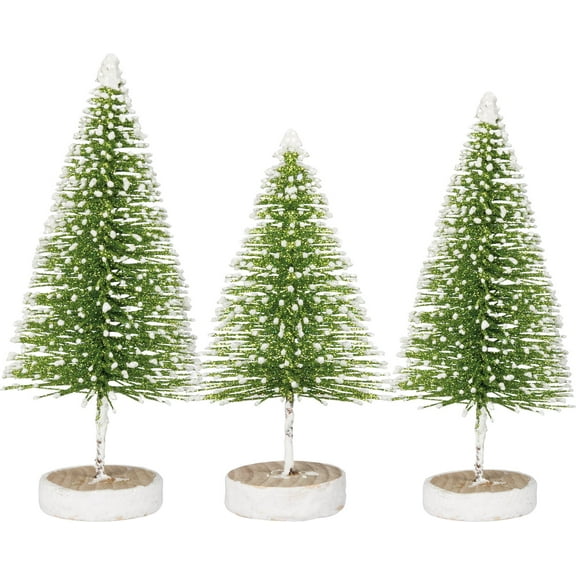 Primitives By Kathy Bristle Mica Plastic Sisal Tree Set Of 3 Green With Snow Christmas Decor