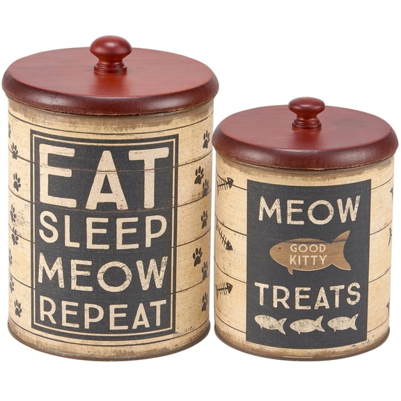 Primitives By Kathy Kitty Cat Pet Rustic Treat Tin Canister Set Treat Holder Set of 2