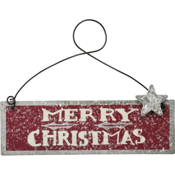 Primitives By Kathy Red Merry Christmas 4 Inches x 1.25 Inches Glitter Metal Wire Tin Decorative Hanging Ornament