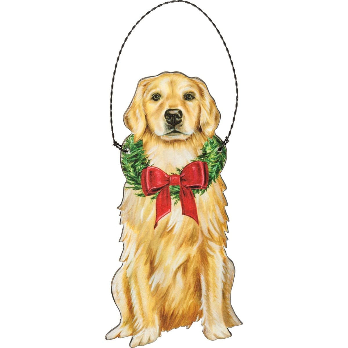 Golden Retriever Wooden Christmas Ornament with Wreath and Bow