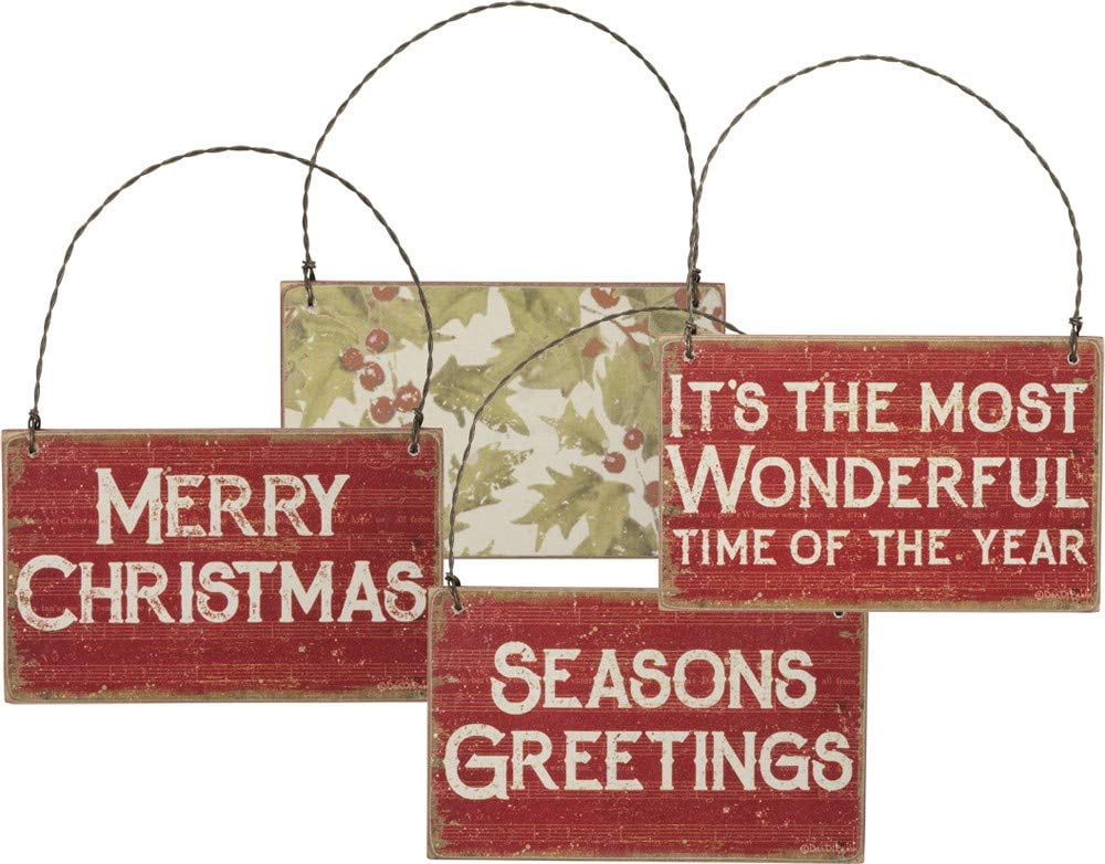 Vintage Red and White Wooden Christmas Ornament Set