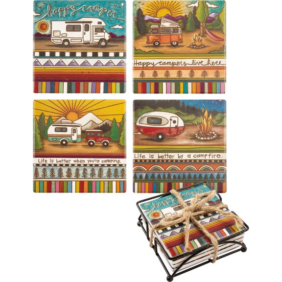 Primitives by Kathy Colorful Woodburn Art Design Camping Themed Stoneware Drink Coaster Set of 4