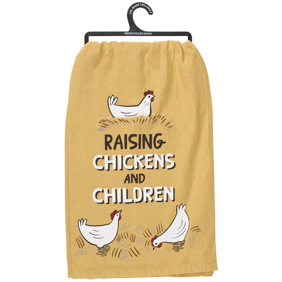 Primitives by Kathy Decorative Kitchen Towel, Raising Chickens and Children Sentiment in a Hand Illustrated Homestead Style, Fun Design