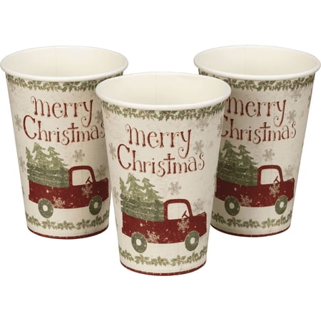 Primitives by Kathy Holiday Christmas Party Paper Cups - Festive Merry Christmas Truck and Tree (16 pack)