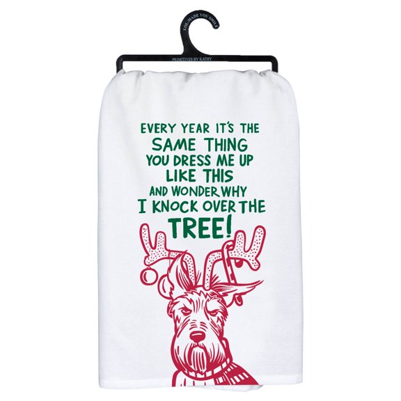 Primitives by Kathy Holiday Dish Towel, 28 x 28 in Cotton, Dog Knocks Over Christmas Tree