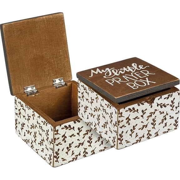 Primitives by Kathy My Little Prayer Box, Embossed Leaf Pattern, Natural Wood Box with Hinged Lid, Faith Gift Ideas, 4 by 4 Inches, Keepsake Storage