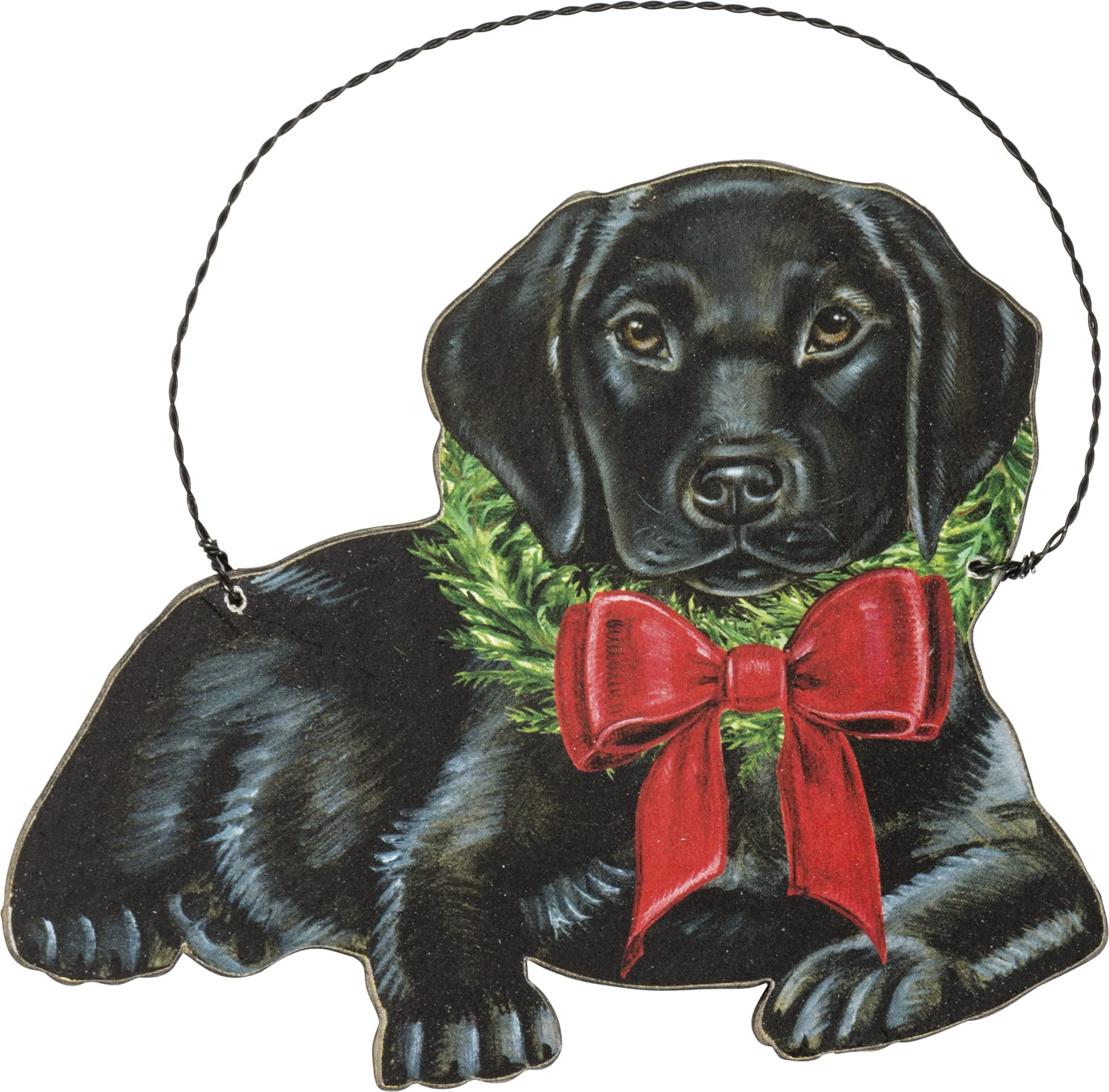Festive Black Lab Wooden Christmas Ornament with Wreath and Bow