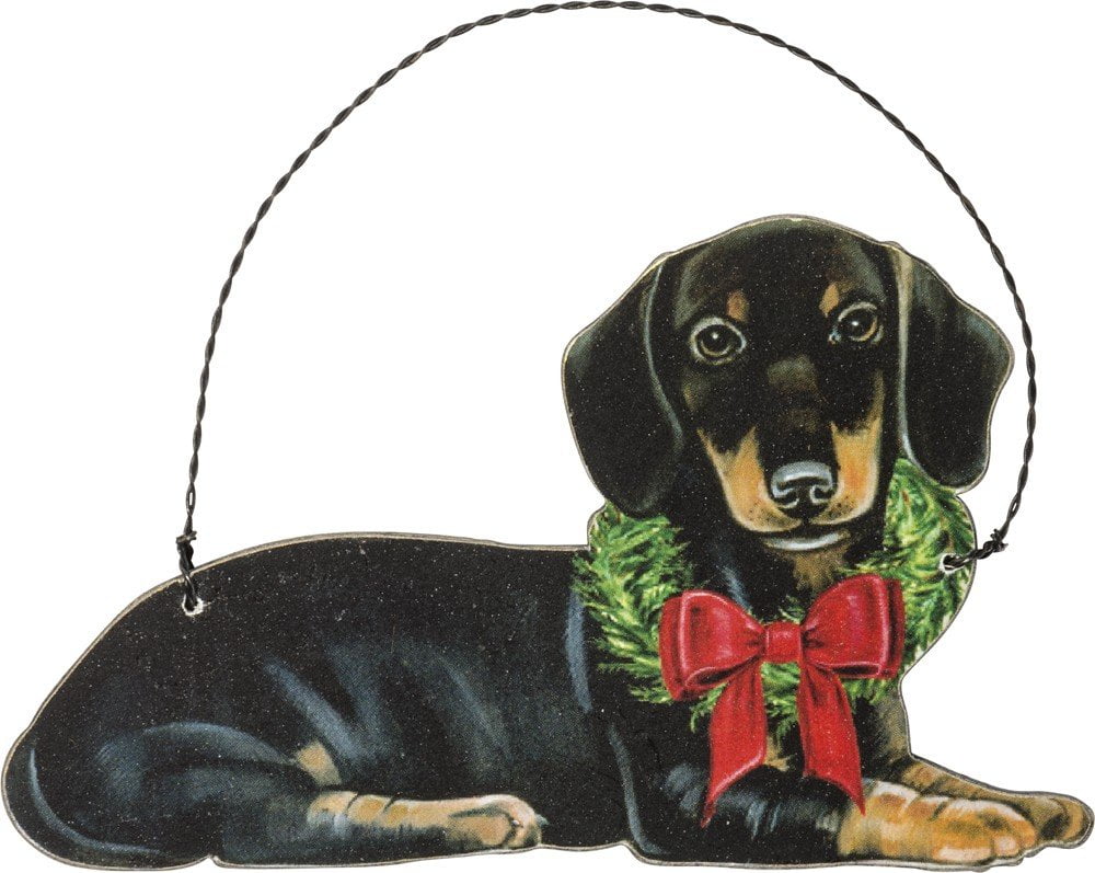 Wooden Dachshund Christmas Ornament with Wreath and Bow