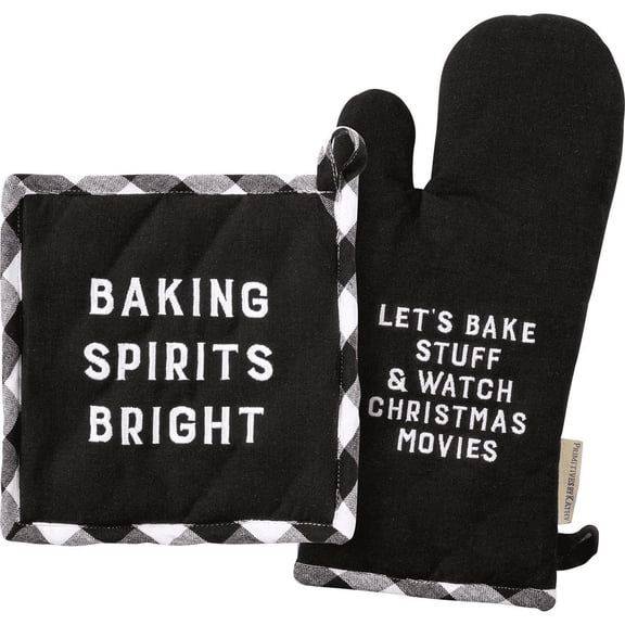 Primitives by Kathy Oven Mitt Kitchen Set - Baking Spirits Bright Buffalo Plaid Let's Bake Stuff & Watch Movies