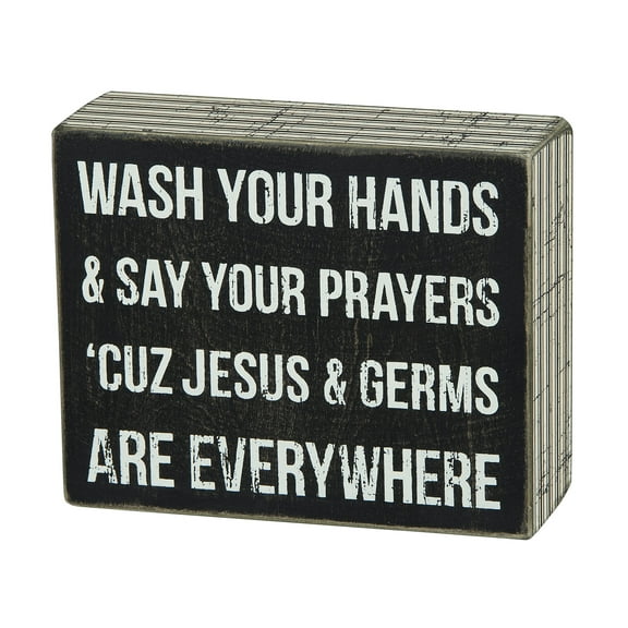 Primitives by Kathy Pinstripe Trimmed Box Sign, 5 x 4-Inches, Jesus & Germs