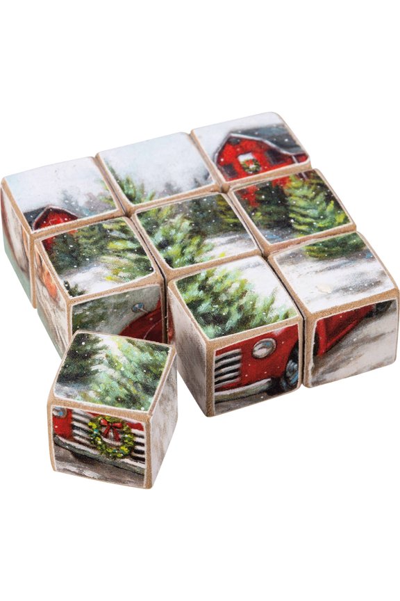 Puzzle Set, Create 6 Pictures with Nine Blocks, Winter Christmas Farm