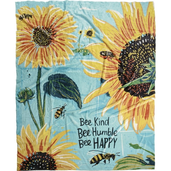 Primitives by Kathy Vibrant Sunflower Bee Kind Be Humble Bee Happy Inspirational Plush Flannel Throw Blanket 50" x 60"
