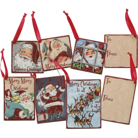 Primitives by Kathy Vintage Christmas Wood Gifts Tags, Set of 6, Retro Santa, 6 Piece