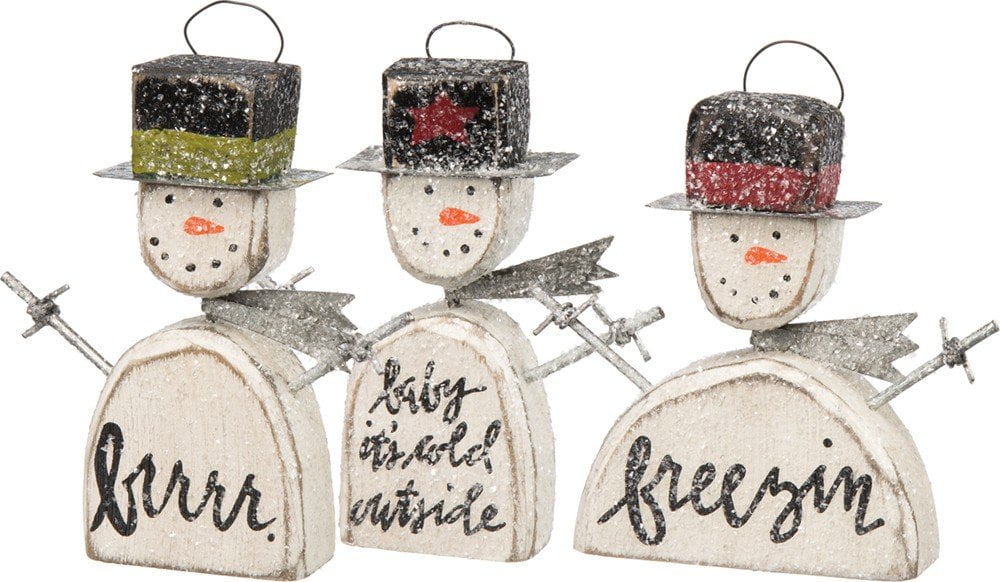 Shabby Chic Wooden Snowman Ornaments Set of 3