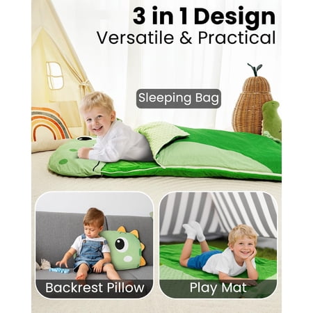 Primlect Kids 3-in-1 Cozy Sleeping Bag 61"x27", Super Soft Plush Animal Nap Mat with Pillow, Portable Handle, Washable, for Boys Girls Sleepovers, Travel, Daycare Preschool, Birthday Gift, Ages 2-6