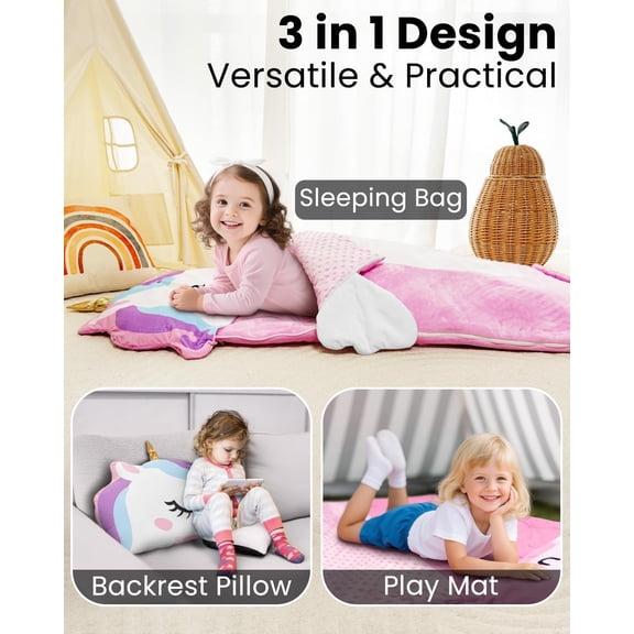 Primlect Kids 3-in-1 Cozy Sleeping Bag 61"x27", Super Soft Plush Animal Nap Mat with Pillow, Portable Handle, Washable, for Boys Girls Sleepovers, Travel, Daycare Preschool, Birthday Gift, Ages 2-6