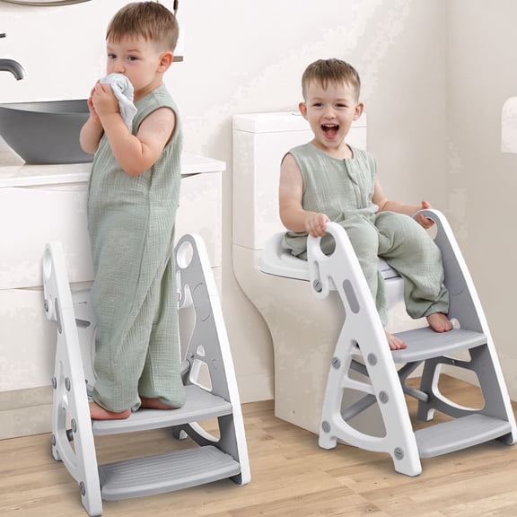 Primlect Potty Training Seat, 2 in 1 toilet seat with 2 Step Ladder, Adjustable Height, Extra Wide Step, Gray
