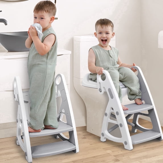 Primlect Potty Training Toilet Seat, 2 in 1 with Ladder, Adjustable Height ,for Ages 1-3, Gray
