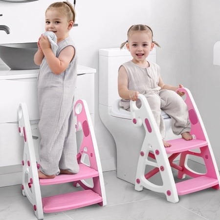 Primlect Potty Training Toilet Seat, 2 in 1 with Ladder, Adjustable Height ,for Ages 1-3, Pink
