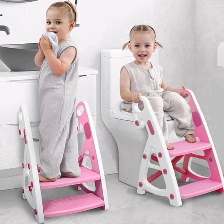Primlect Potty Training Toilet Seat, 2 in 1 with Ladder, Adjustable Height ,for Ages 1-3, Pink