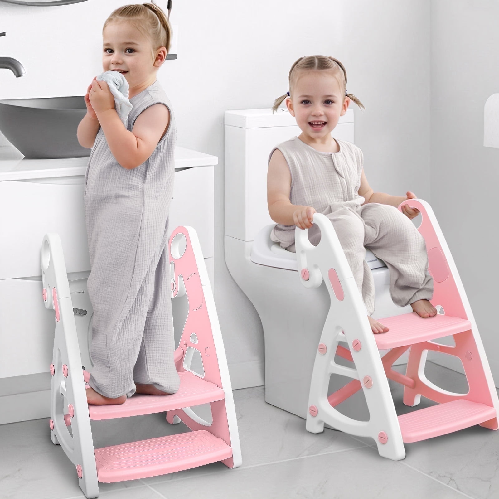 Primlect Potty Training Toilet Seat, 2 in 1 with Ladder, Adjustable Height ,for Ages 1-7, Light Pink