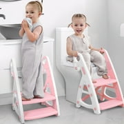 Primlect Potty Training Toilet Seat, 2 in 1 with Ladder, Adjustable Height ,for Ages 1-7, Light Pink