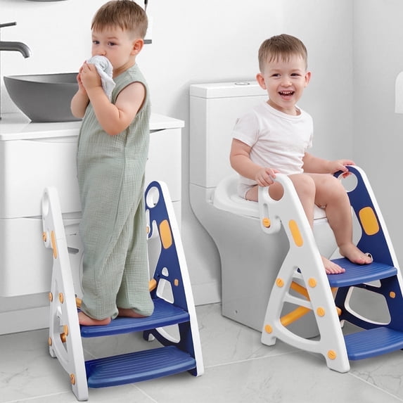 Primlect Potty Training Toilet Seat, 2 in 1 with Ladder, Adjustable Height ,for Ages 1-3, Blue