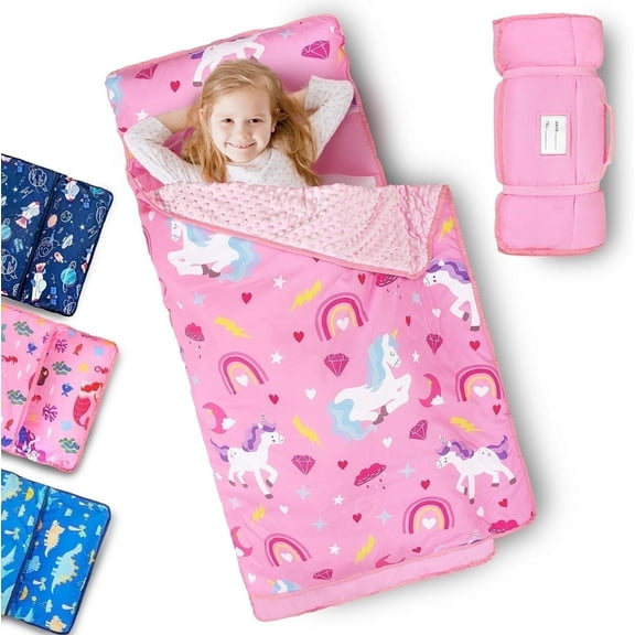 Primlect Nap Mat, 55" x 22", Portable Sleeping Bag with Removable Pillow, Easy to Roll & Store, Pink