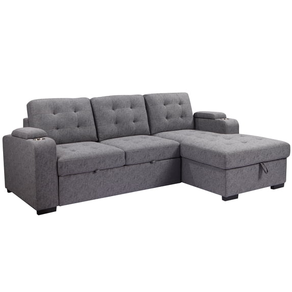 Primo Belmont Right-Facing Sleeper Sectional Sofa with Storage Chaise, Tufted Grey Fabric Pull-Out Couch for Living Room
