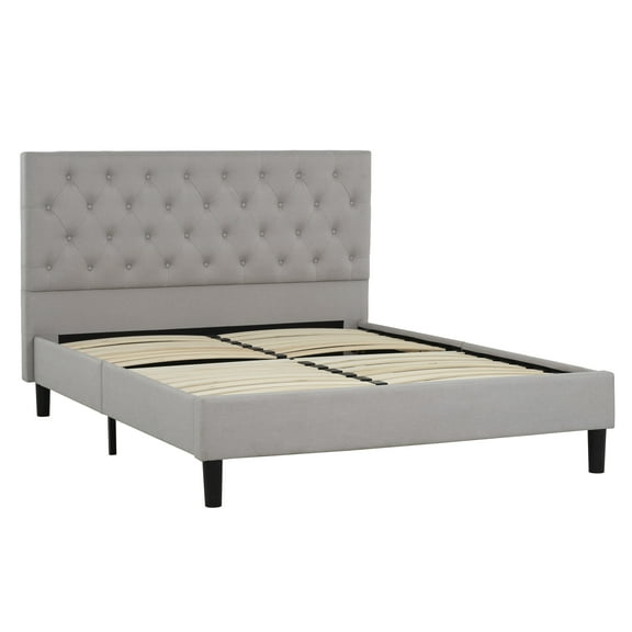 Primo International Ellie Platform Bed, Full Size, Upholstered, Grey, Tufted Headboard