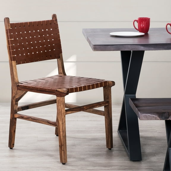 Primo Orson Brown Woven Leather Dining Chairs Set of 2, Upholstered Kitchen & Dining Room Chairs