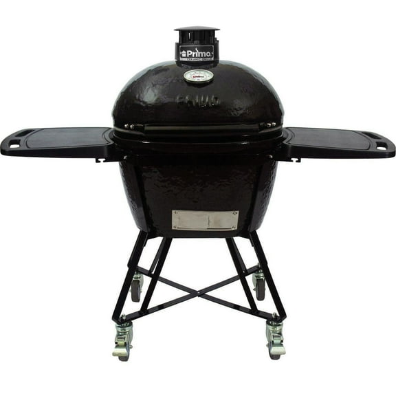 Primo All-In-One Oval Large 300 Ceramic Kamado Grill With Cradle, Side Shelves, And Stainless Steel Grates - PGCLGC