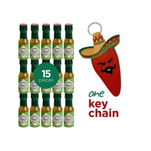 Primo Lines 15pcs Mini Tabasco Bottles with 1 Mexican Hat Keychain – Green Pepper Flavor Hot Sauce 3.7 ml each, Mexican Spice for Fruits, Snacks, Drinks & Travel