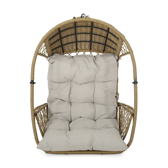 Primo Outdoor Wicker Hanging Chair with Cushion (Stand Not Included), Light Brown, Brown, and Beige