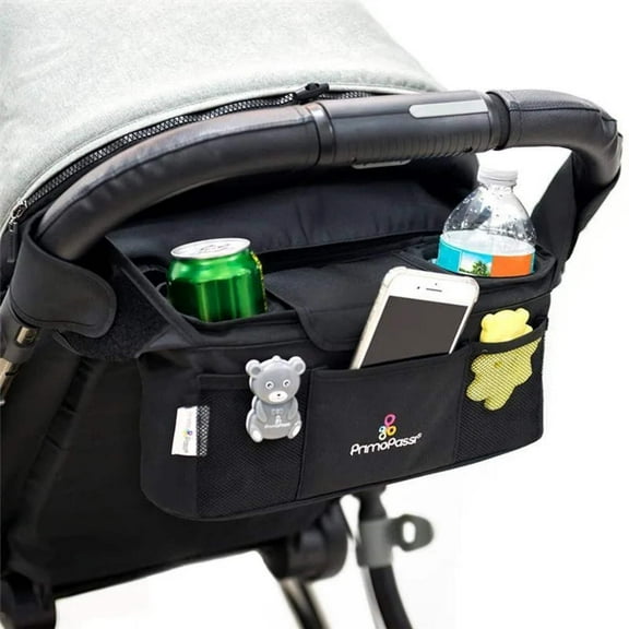 Primo Passi Baby Stroller Handle Organizer with Insulated Cup Holders & Storage Pockets, Black