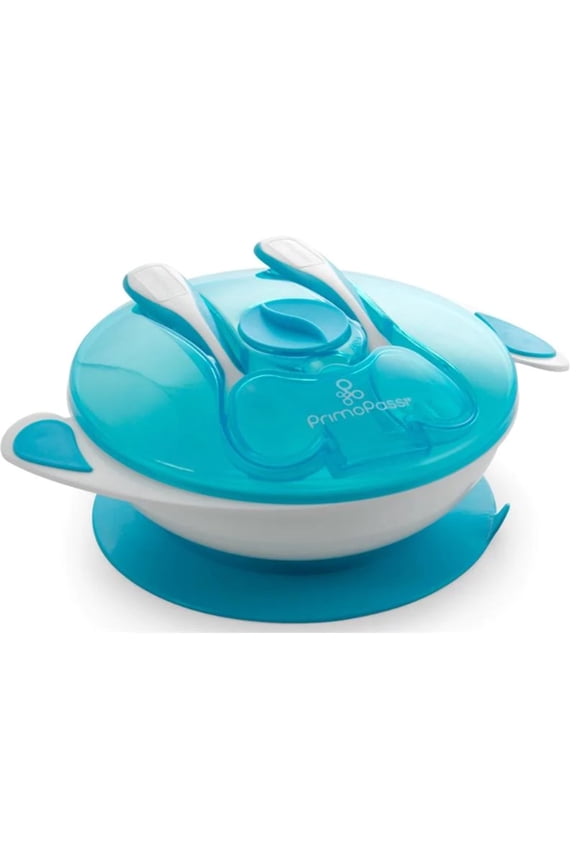 Primo Passi Baby Suction Bowl Feeding Set with Spoon, Fork & Lid, Blue