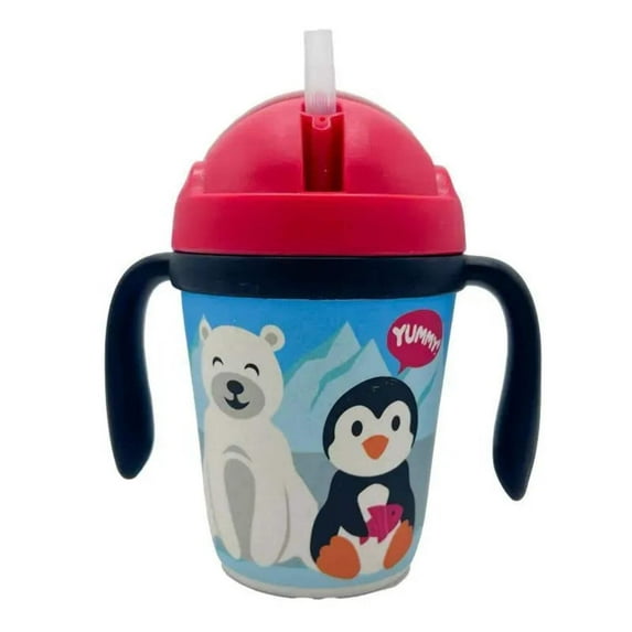 Primo Passi - Bamboo Fiber Kids Cup With Handle/Straw, Winter Friends (Penguin/Polar)