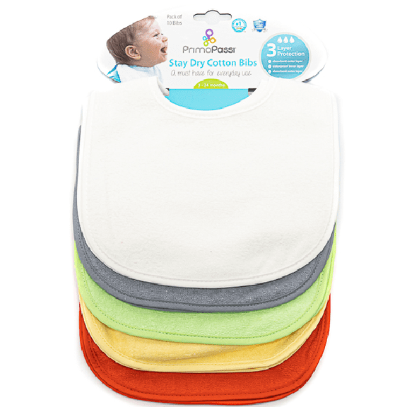Primo Passi Stay Dry Cotton Baby Bibs, Waterproof 3-Layer, Velcro Closure, Neutral Colors, 10 Pack