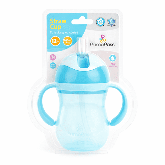 Primo Passi Toddler Straw Cup with Handles, Spill-Resistant Sippy Cup, 9 oz Blue