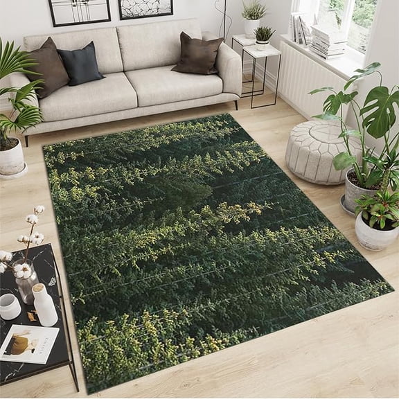 Primordial Misty Jungle Cypresses Area Rug, Green Pines Tree Nature Landscape Indoor Non-Slip Kids Rugs, Machine Washable Breathable Durable Carpet for Front Entrance Floor Decor 3 x 4ft