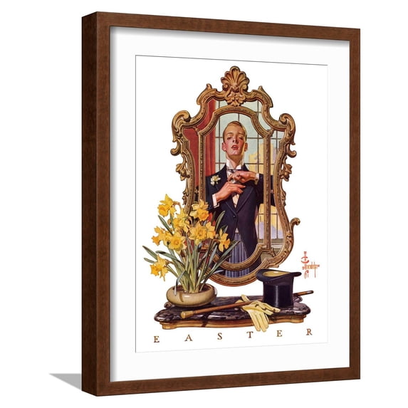 Art.com Primping in Mirror,April 11, 1936 Giclee Print by Joseph Christian Leyendecker, Brown Frame Wall Art, 17" x 21"