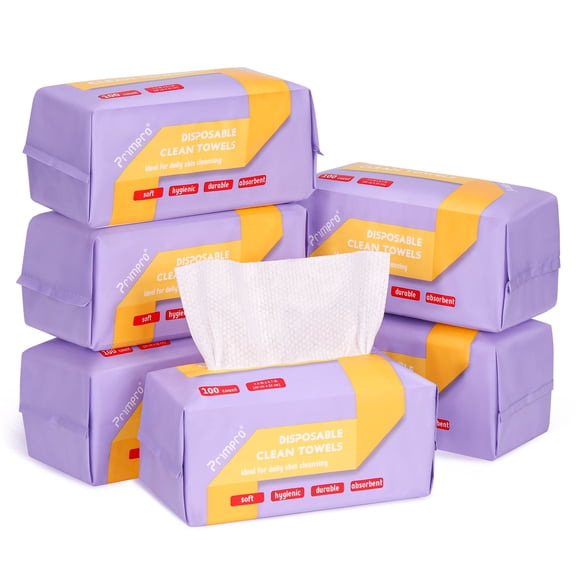 Primpro 600 Count Disposable Face Towels Hand Washcloth Lint-Free Dry Wipes Biodegradable Facial Cleansing Towelettes Ultra Soft Makeup Remover Towels (100 Count 6 Pack)