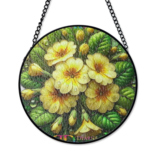 Primrose Flower Spring Stained Glass Suncatcher UV Printed Glass Botanical Garden Art Round