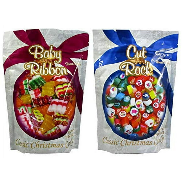 Primrose Old Fashion Christmas Hard Candy - Bundle of 11oz 2 Bags: Baby Ribbon and Cut Rock