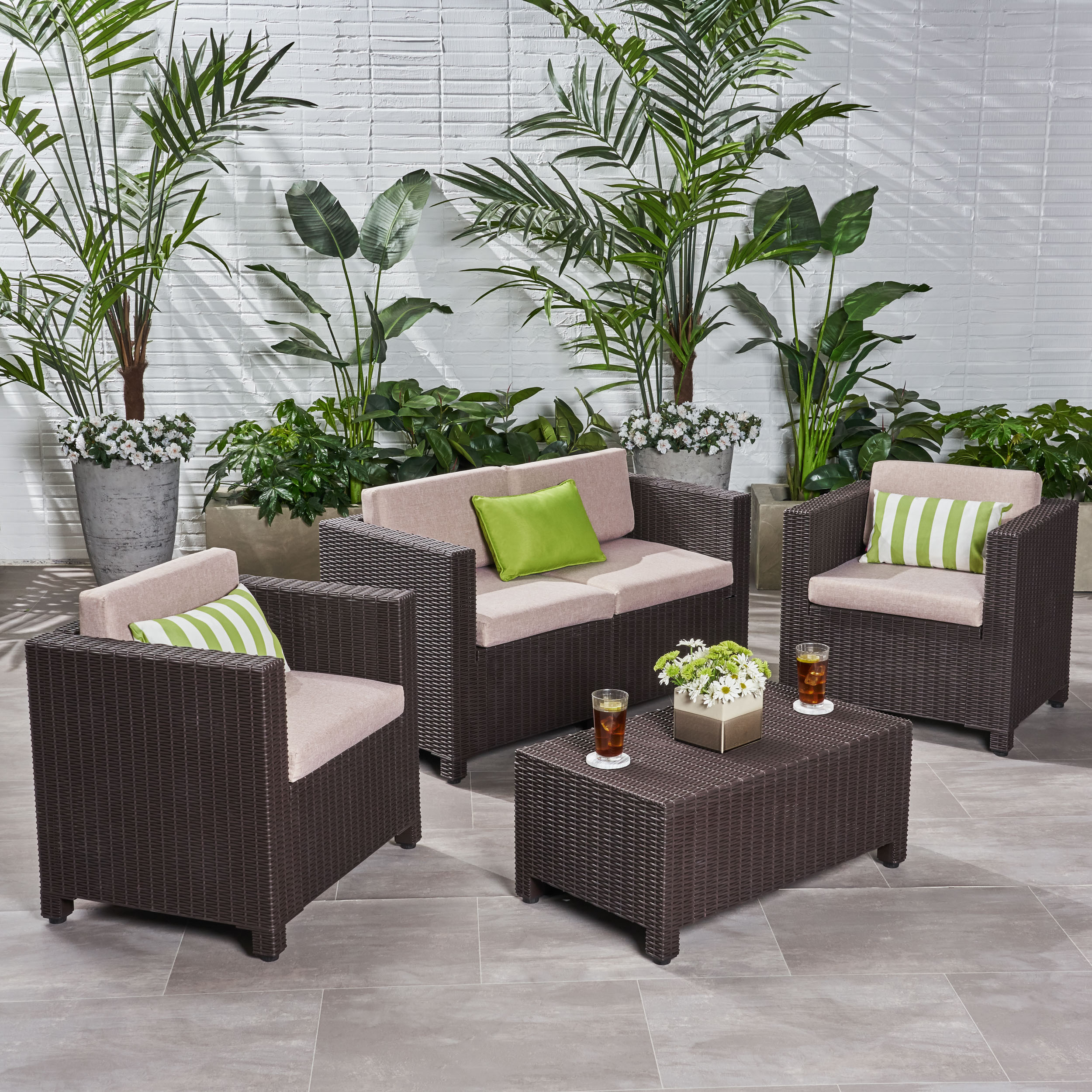 Primrose Outdoor 4-Piece All Weather Faux Wicker Chat Set with Cushions, Dark Brown, Beige - image 1 of 7
