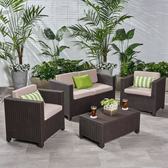 Primrose Outdoor 4-Piece All Weather Faux Wicker Chat Set with Cushions, Dark Brown, Beige