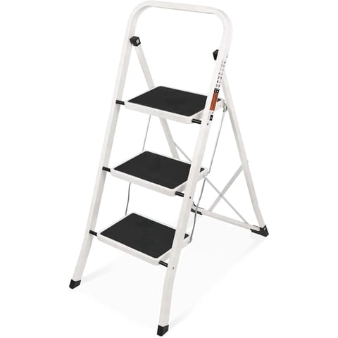 Primy 3 Step Ladder, Portable Folding Step Stool with Extra Wide Anti-Slip Pedal and Top Handrail, 350lbs Lightweight Sturdy Steel Ladders for Household Kitchen Office Outdoor