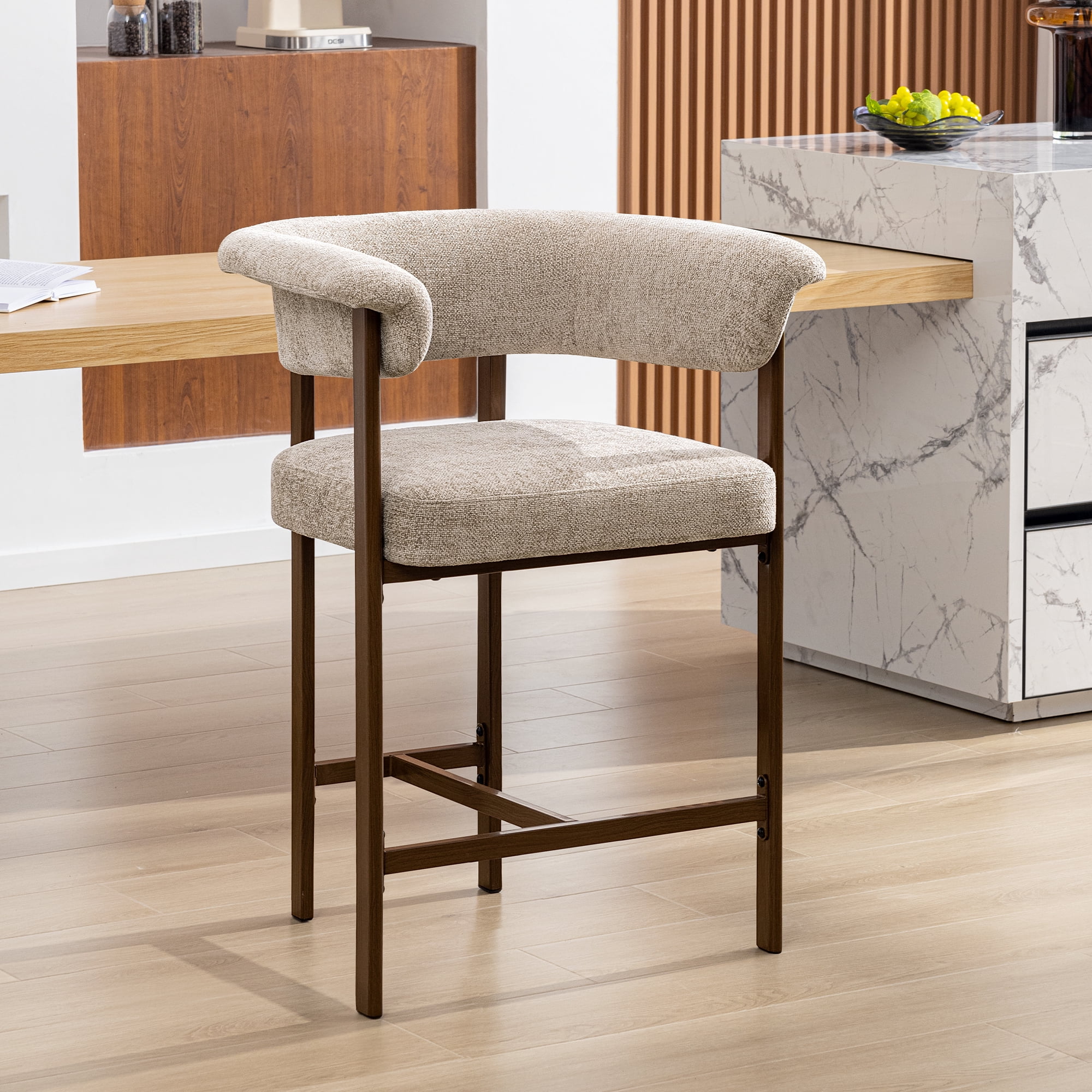 Primy Counter Height Bar Stool with Padded Arms, Modern Fabric Upholstered Dining Room Barstools Kitchen Island Armchair with Footrest+Curved Backrest